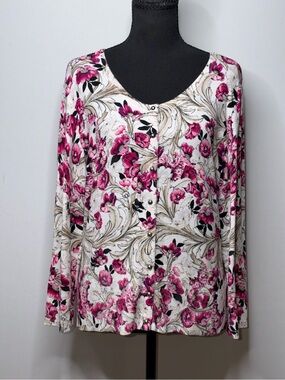 White House Black Market Pink Black Floral Button-Up Cardigan Size Large